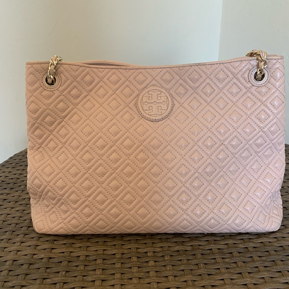 Tory Burch Marion Diamond Quilted Lambskin Leather Tote Handbag